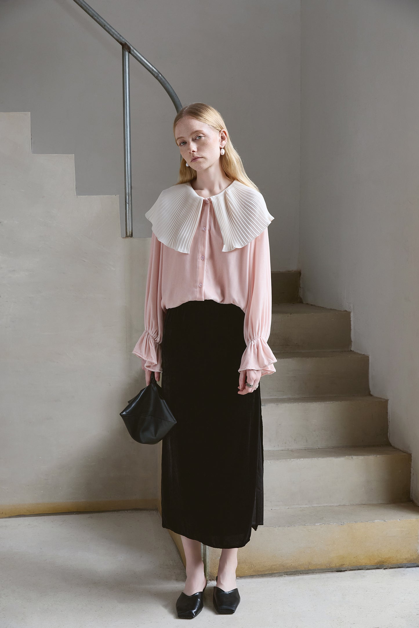 Mist Pink 100% Silk Lace Trim Long Sleeve Blouse V001