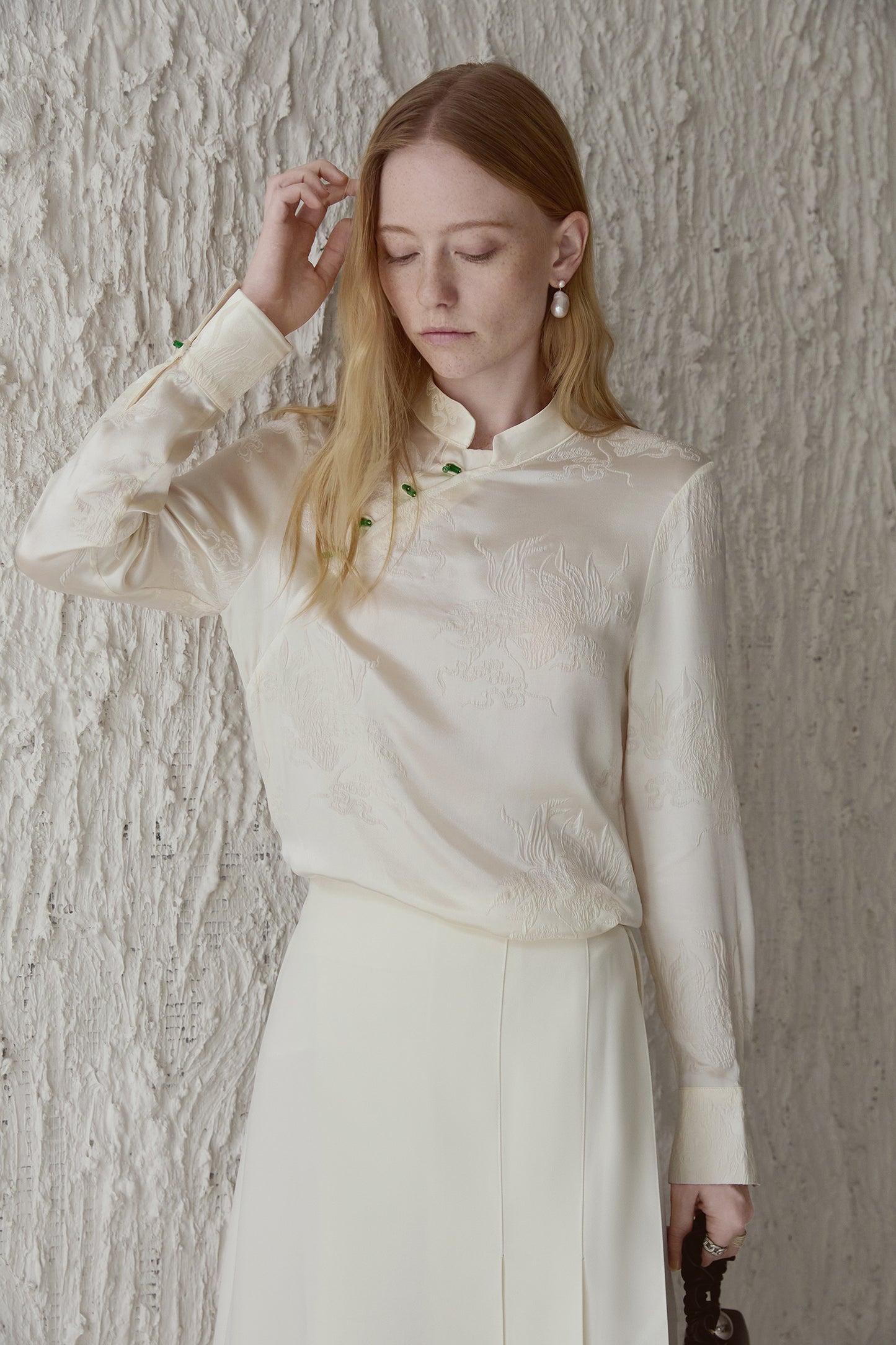Ivory White 100% Silk Jacquard Blouse with Mandarin Collar & Knot Buttons V003