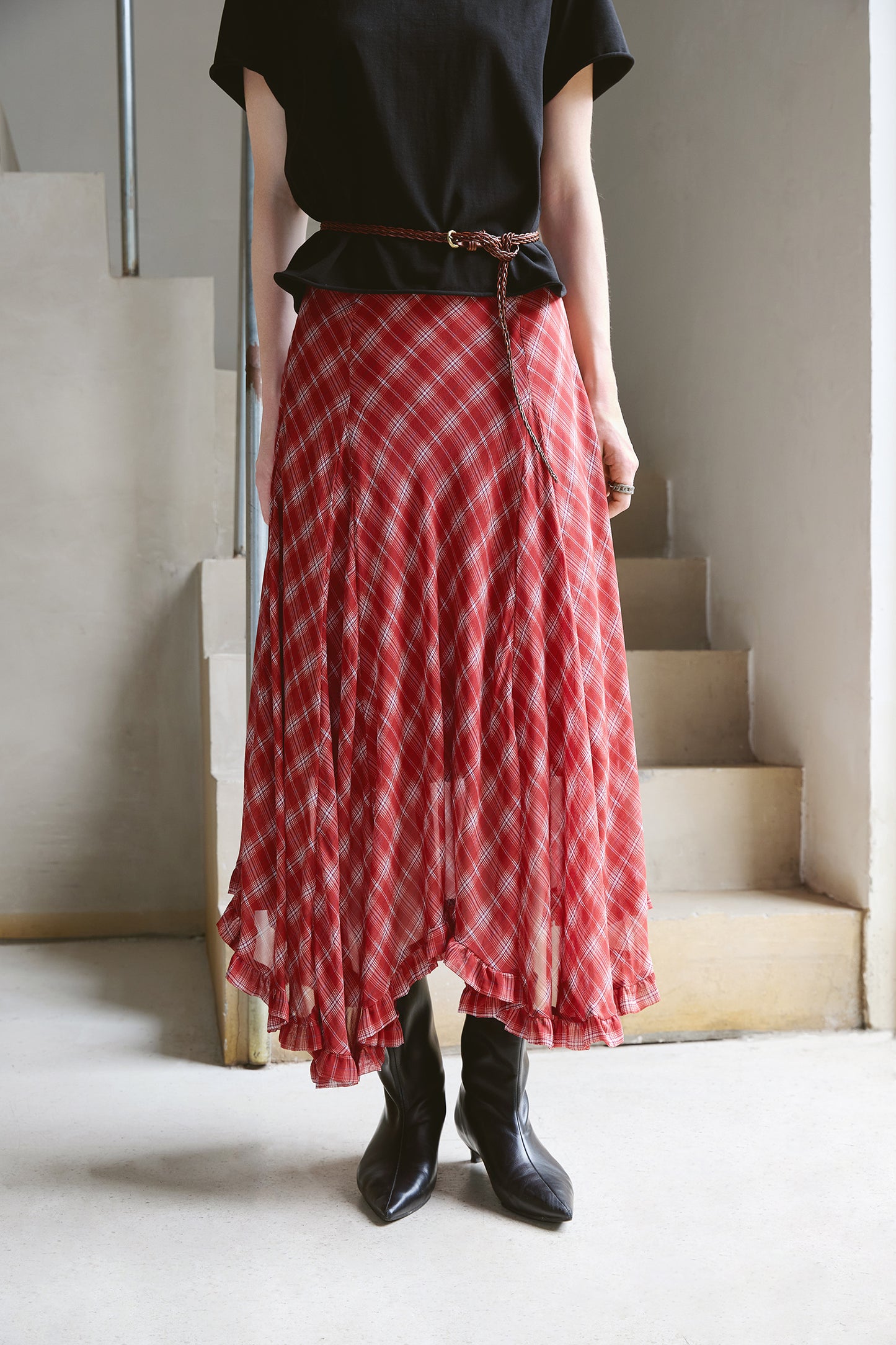 Silk Plaid Bias-Cut Ruffle Midi Skirt V011