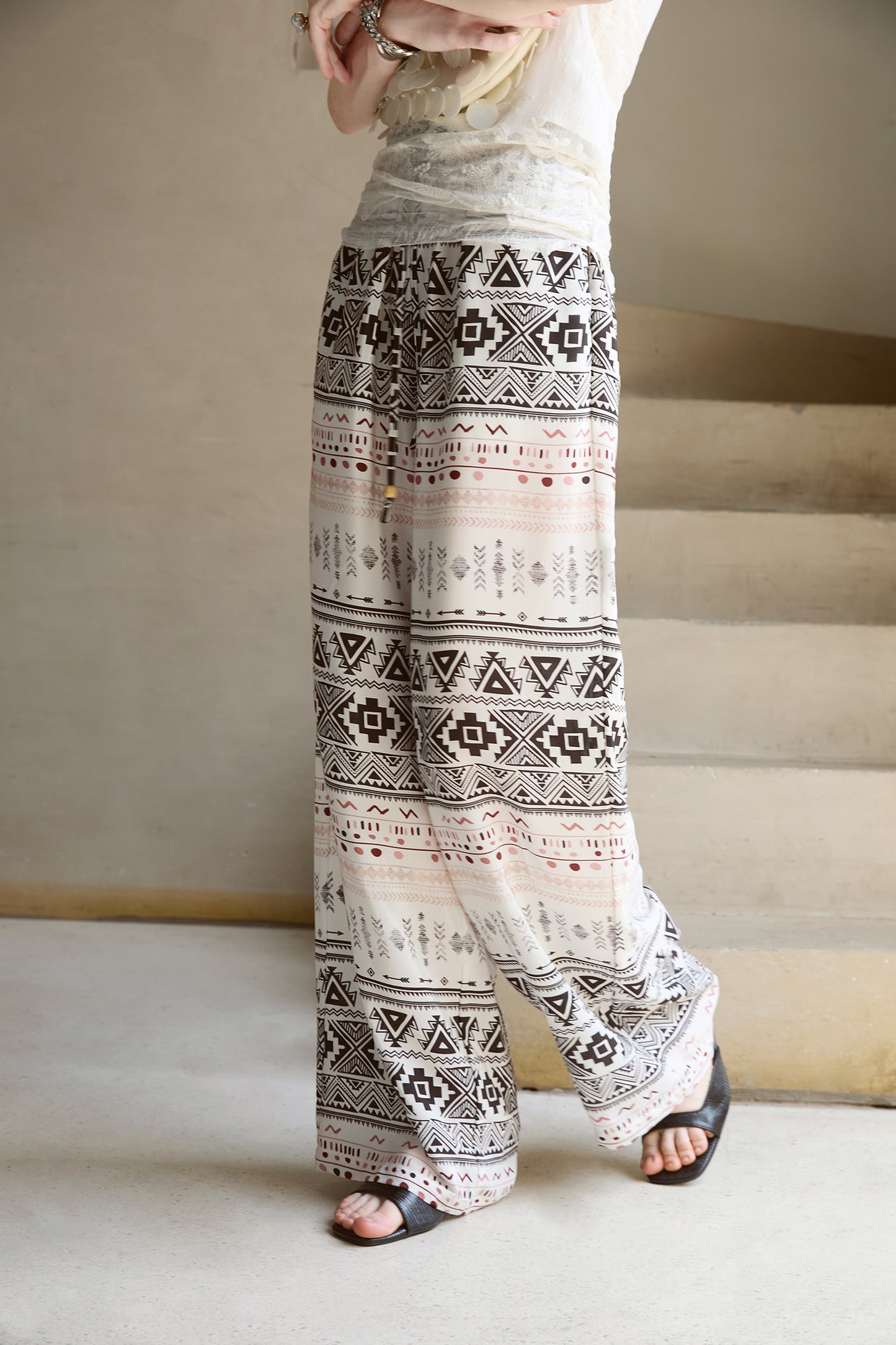 Silk Geometric Print Wide-Leg Pants V010