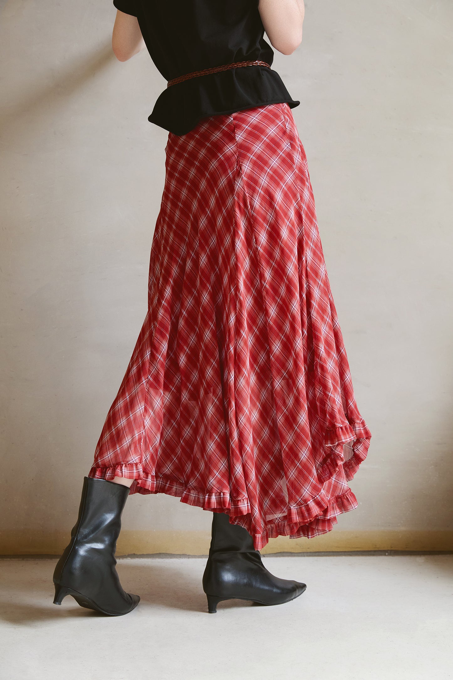 Silk Plaid Bias-Cut Ruffle Midi Skirt V011