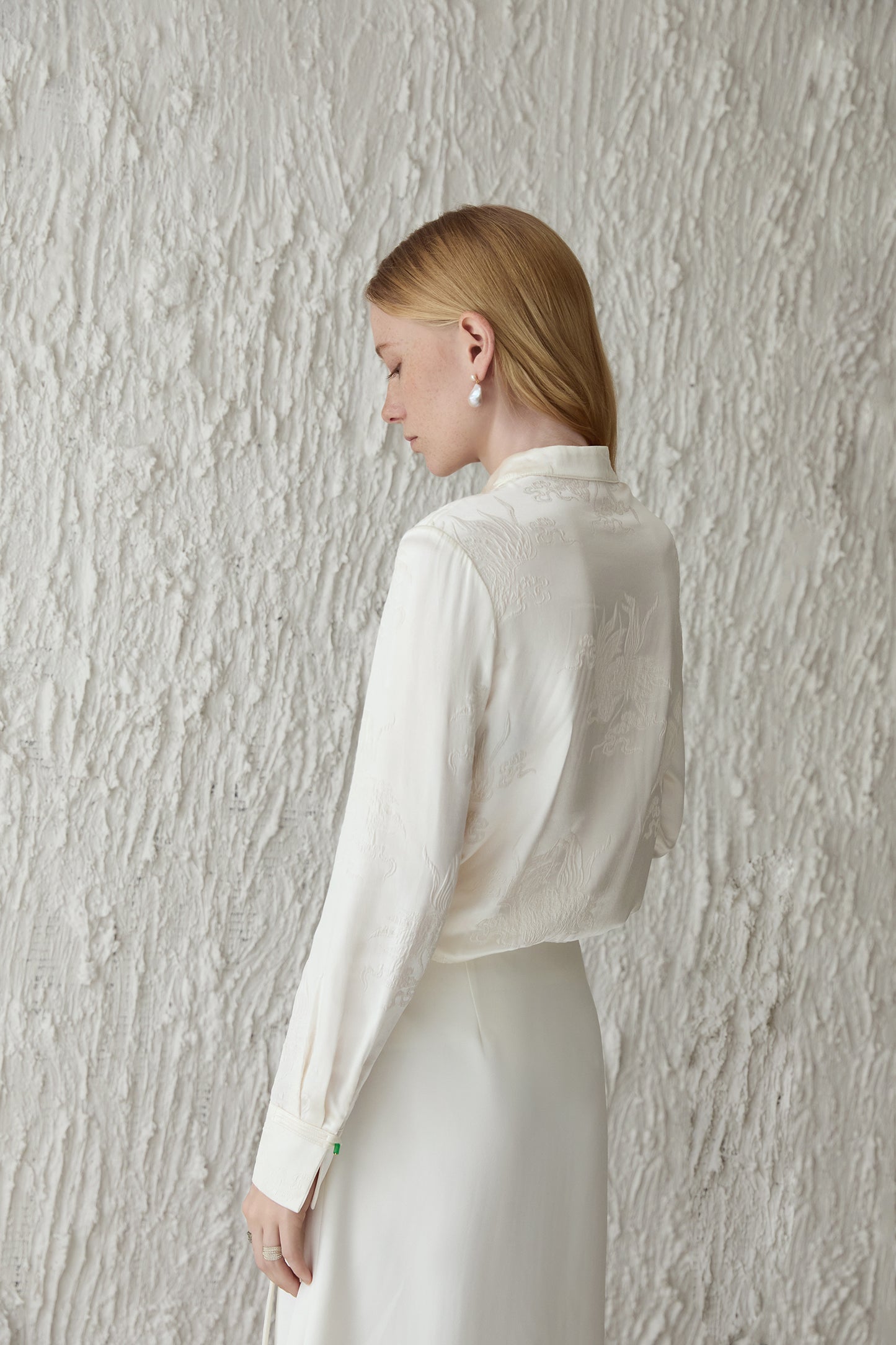 Ivory White 100% Silk Jacquard Blouse with Mandarin Collar & Knot Buttons V003
