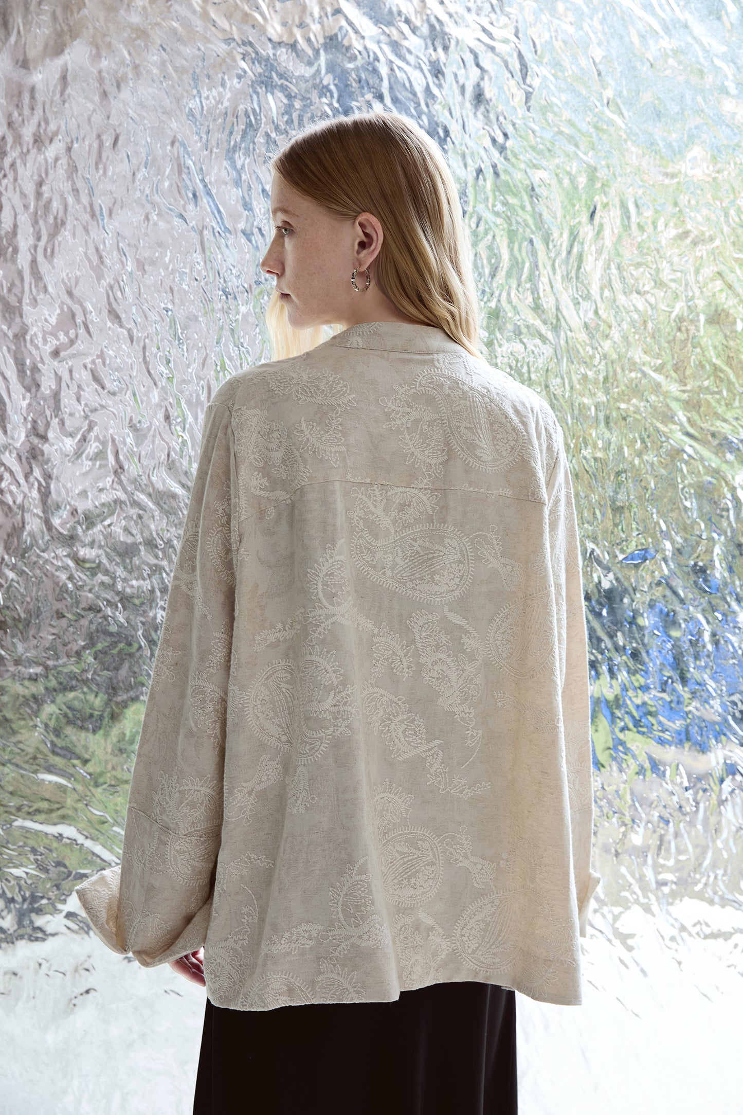 Linen-Cotton Jacquard Mandarin Collar Jacket V005
