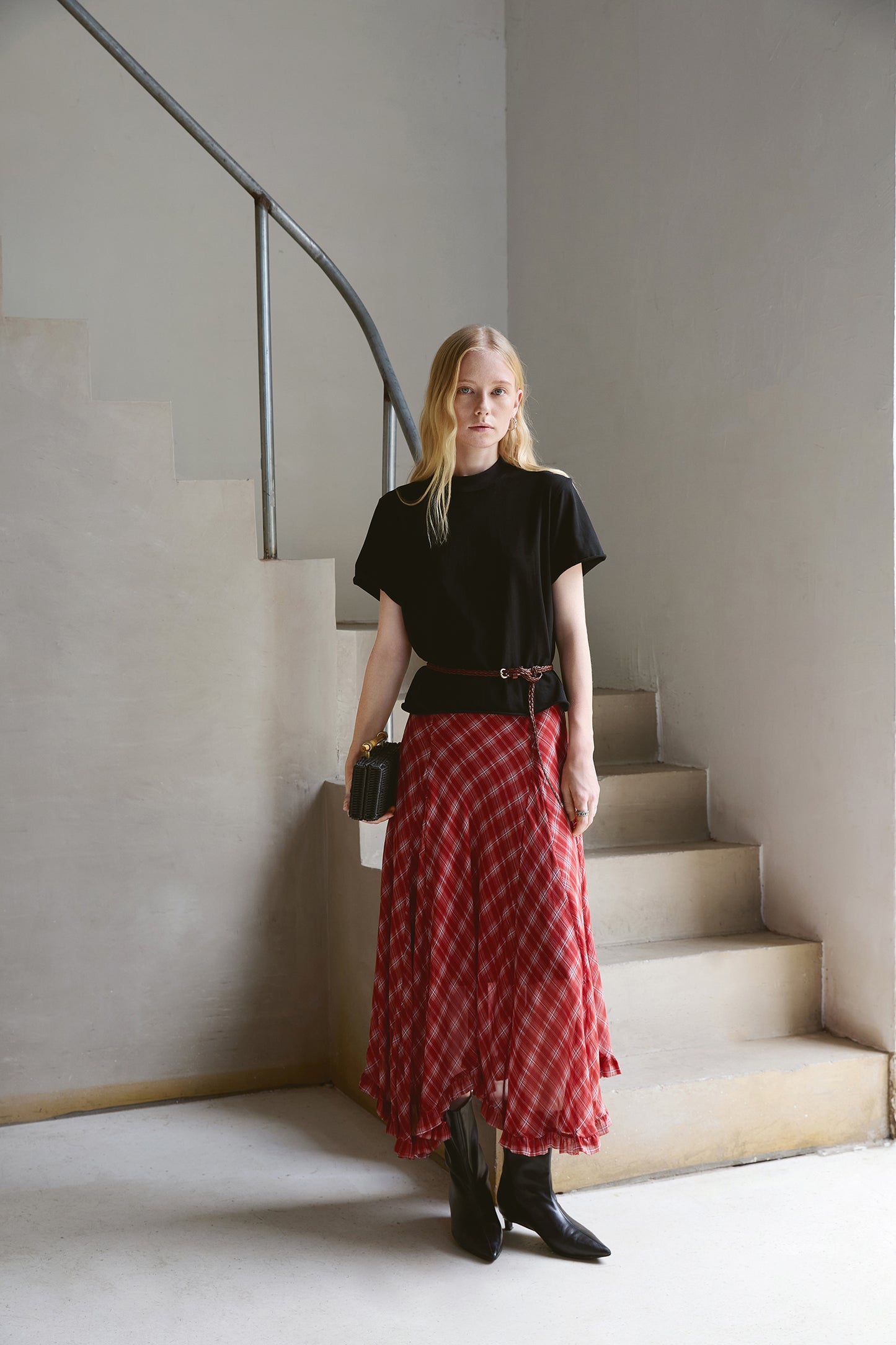 Silk Plaid Bias-Cut Ruffle Midi Skirt V011