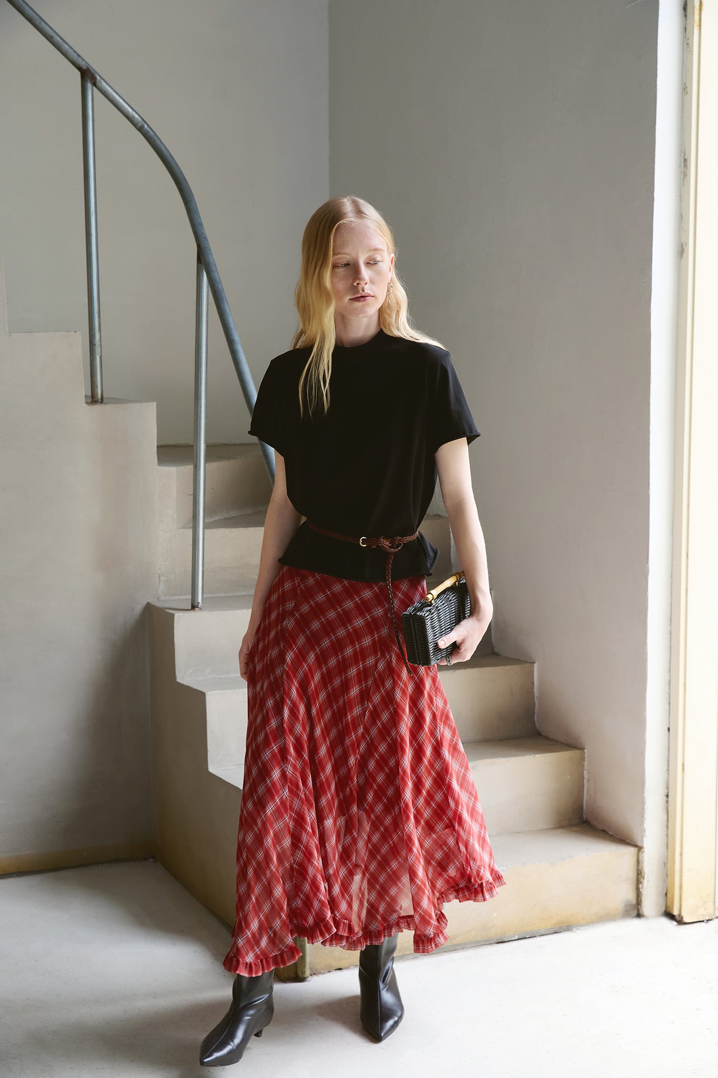 Silk Plaid Bias-Cut Ruffle Midi Skirt V011