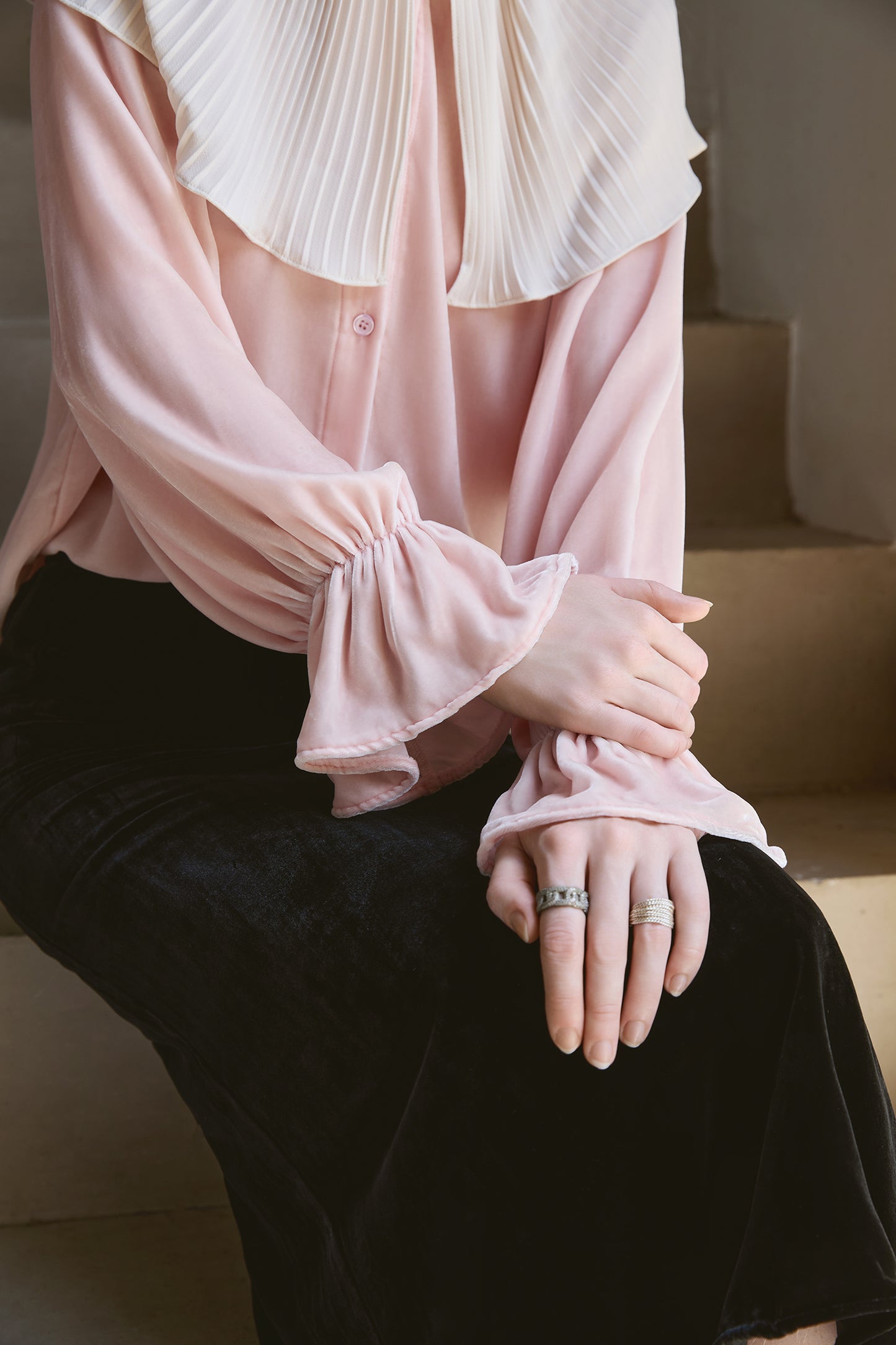 Mist Pink 100% Silk Lace Trim Long Sleeve Blouse V001