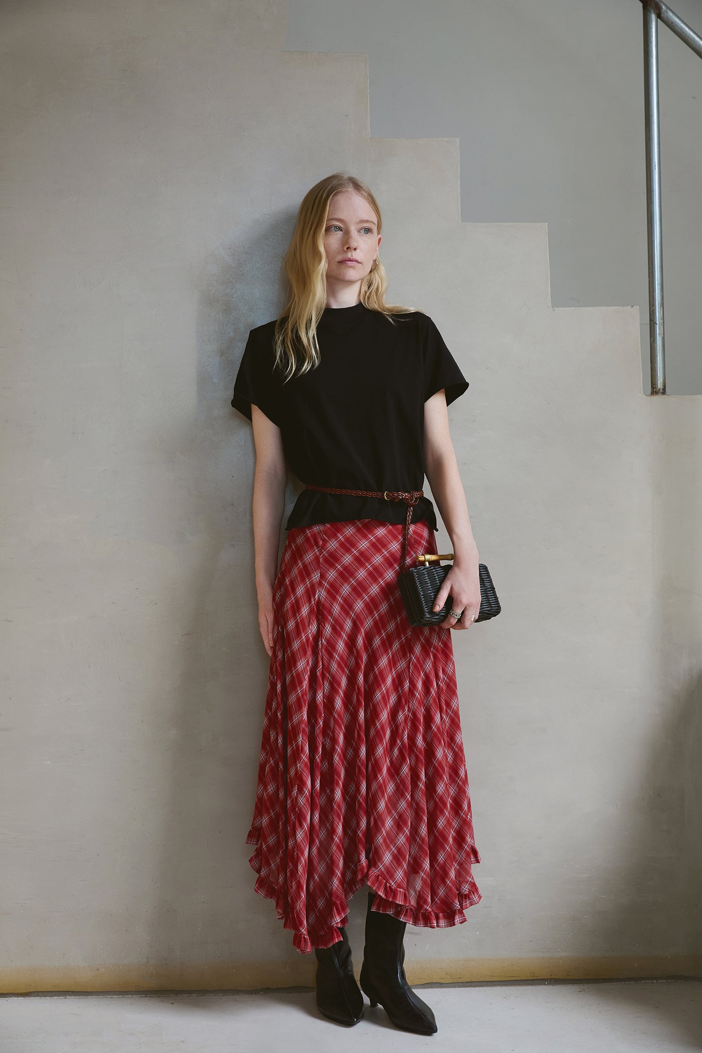Silk Plaid Bias-Cut Ruffle Midi Skirt V011