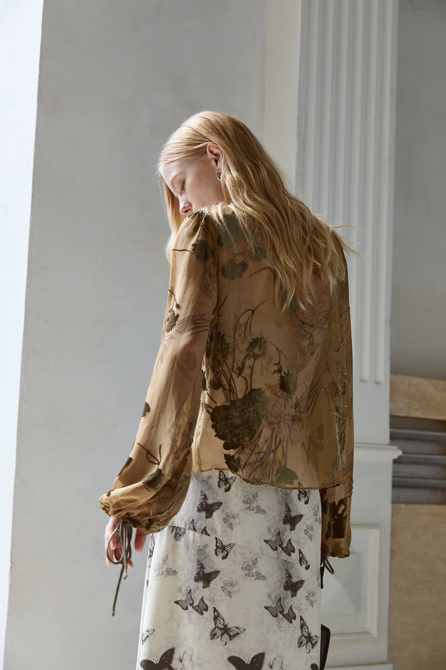 Sheer Silk Embroidered Tie Blouse V006