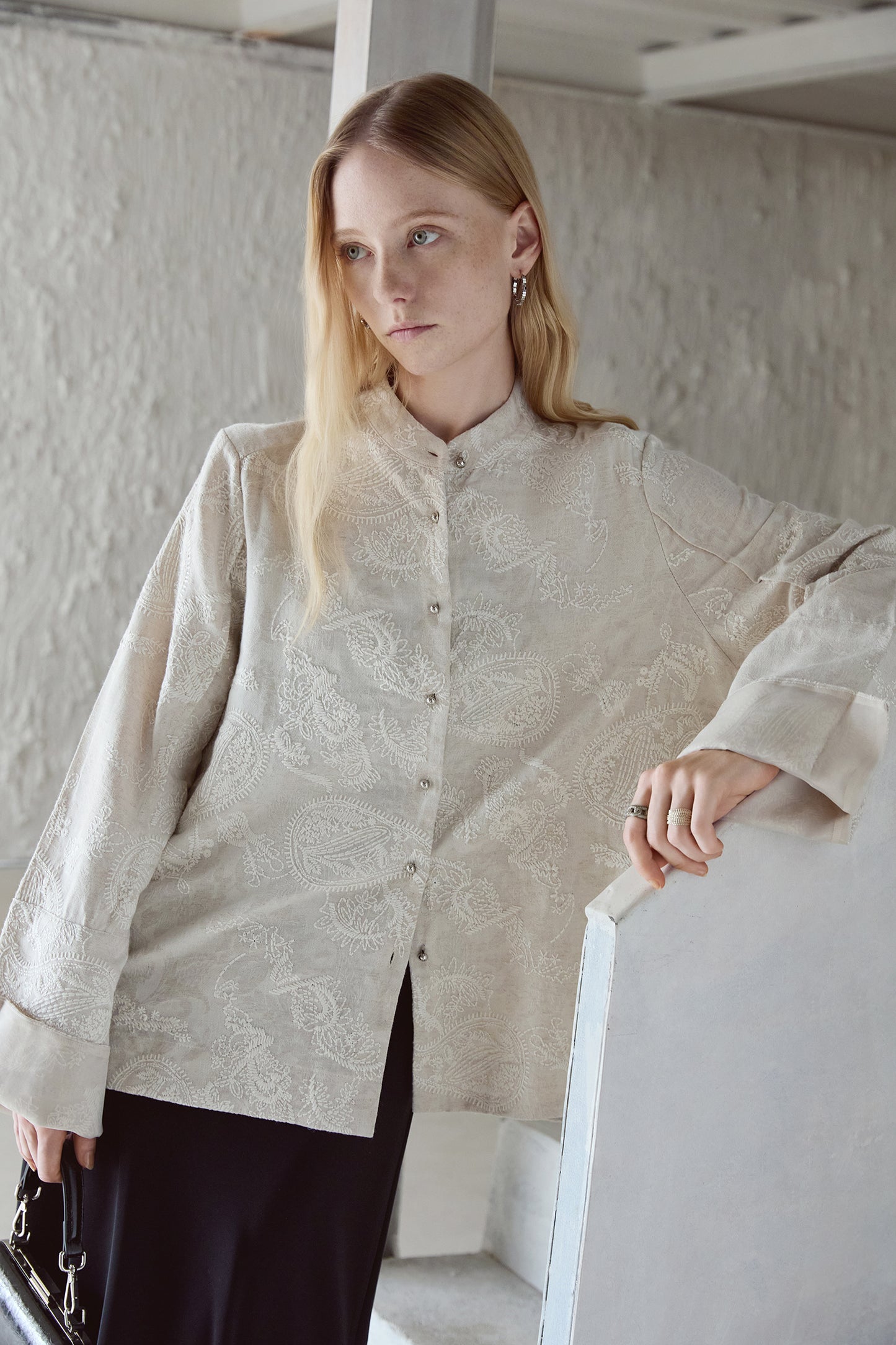 Linen-Cotton Jacquard Mandarin Collar Jacket V005