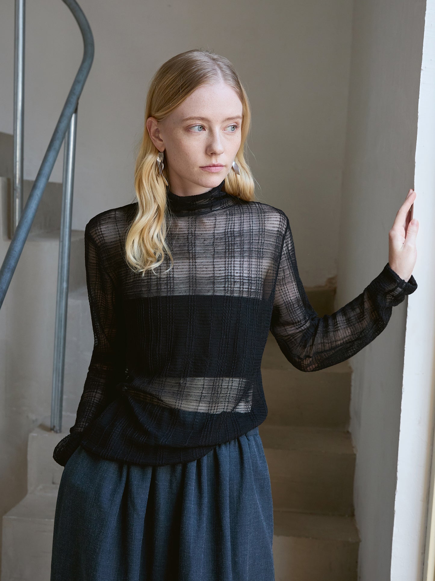 Lightweight See-Through High-Neck Tee – Breathable Viscose Blend, Everyday Layering V015