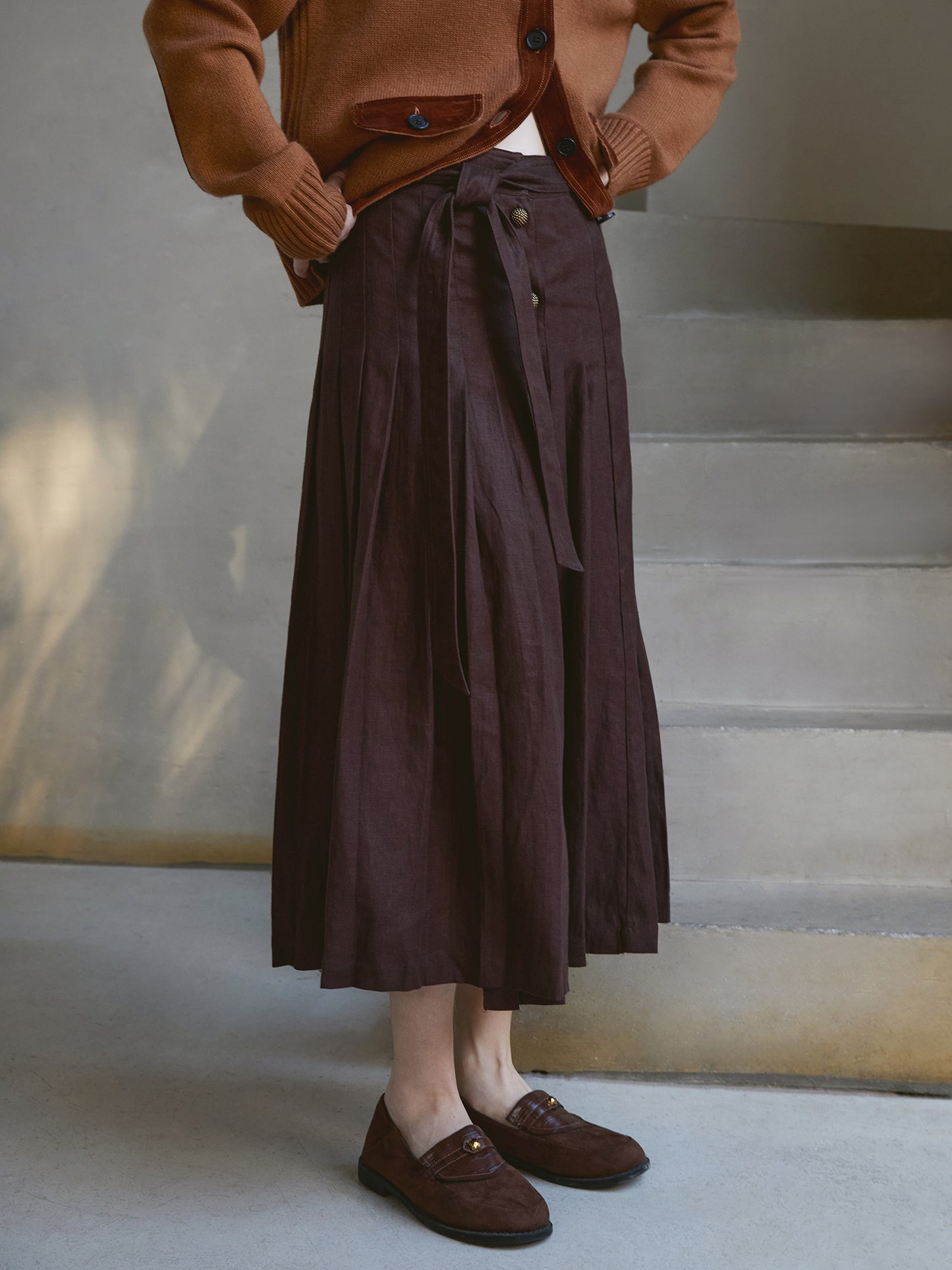 100% Linen Pleated Midi Skirt – High-Waist, Tie-Belt, Button-Front, Caramel Coffee V027