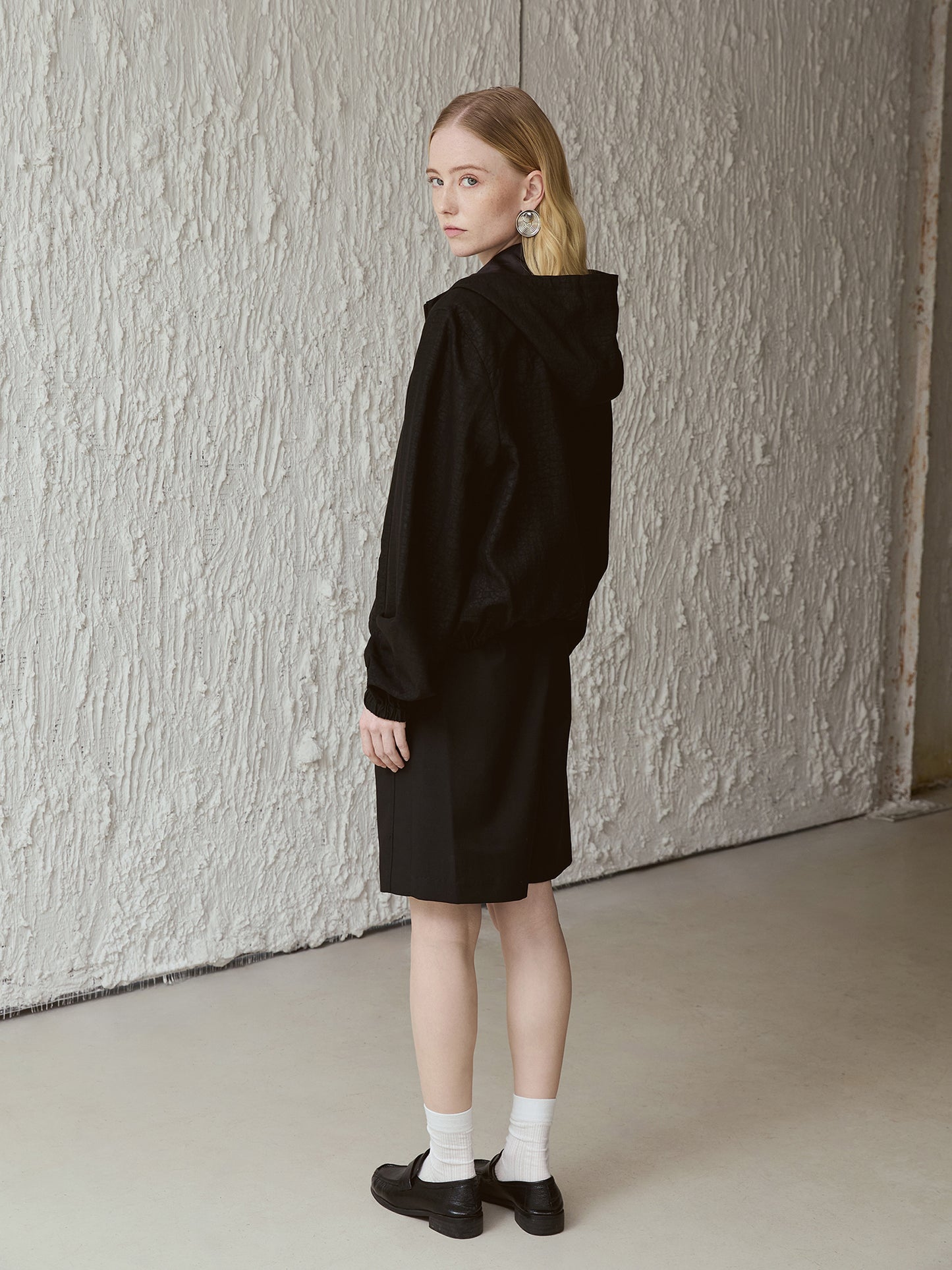 Silk Hooded Jacket — 100% Mulberry Silk, Zip-Up, Smoky Black V024
