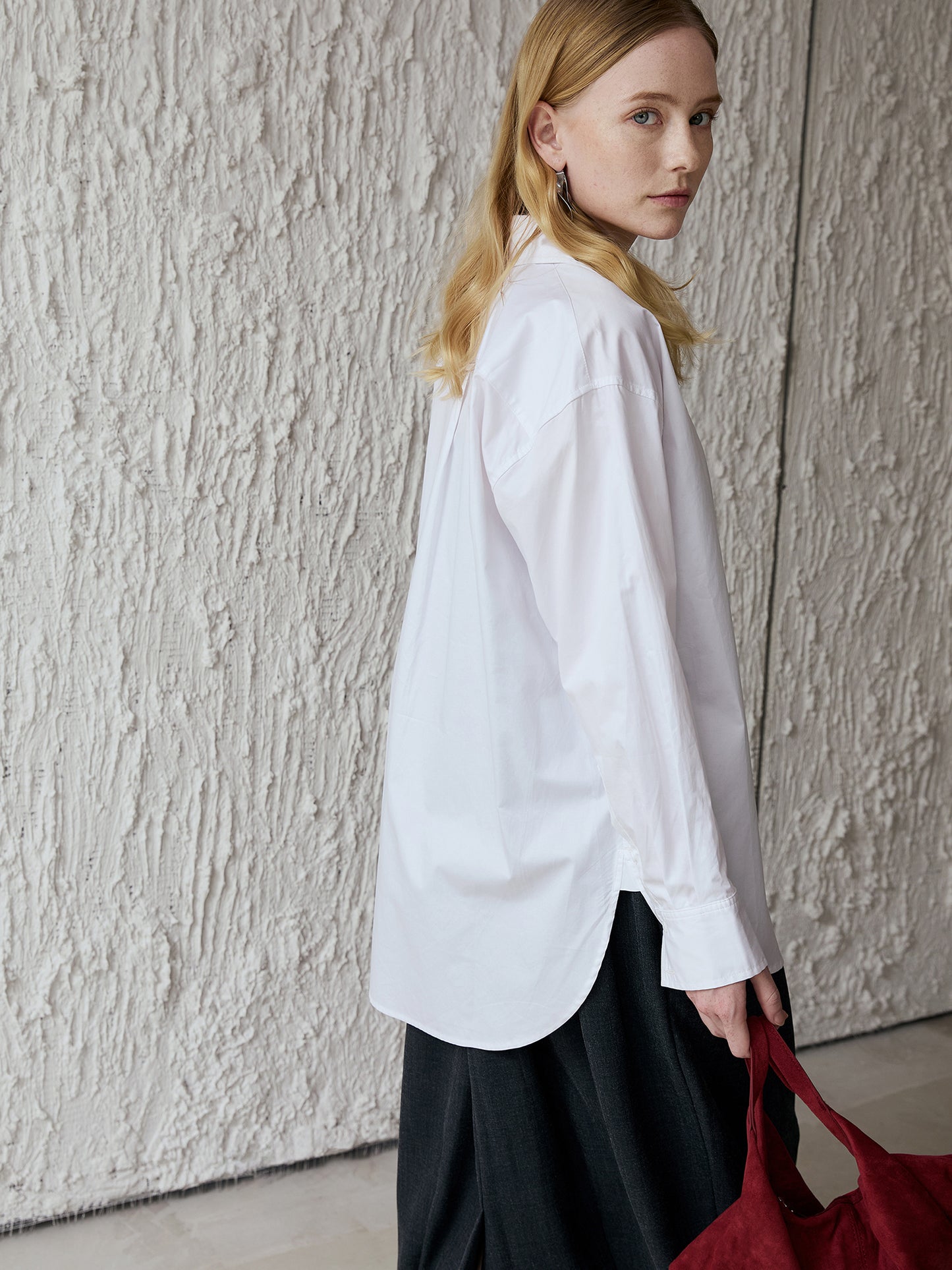 Cotton Oversized Shirt — Long-Point Collar, Curved Hi-Low Hem, Bright White V028