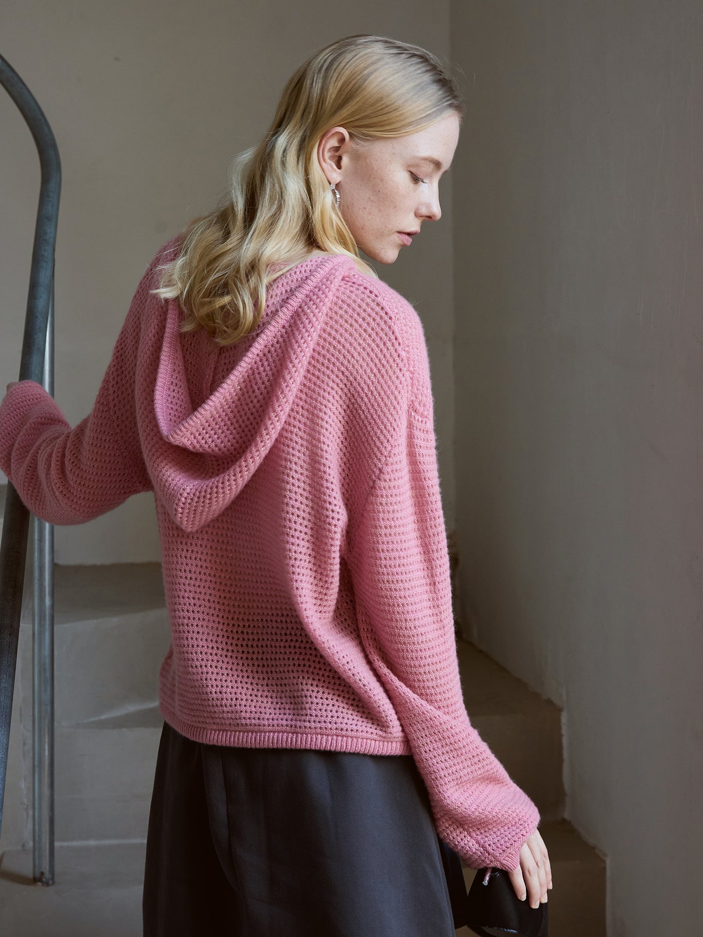100% Cashmere Waffle-Knit Hooded Sweater – Cherry Blossom Pink, Relaxe V021d Slouch, Drawcord Hem V021