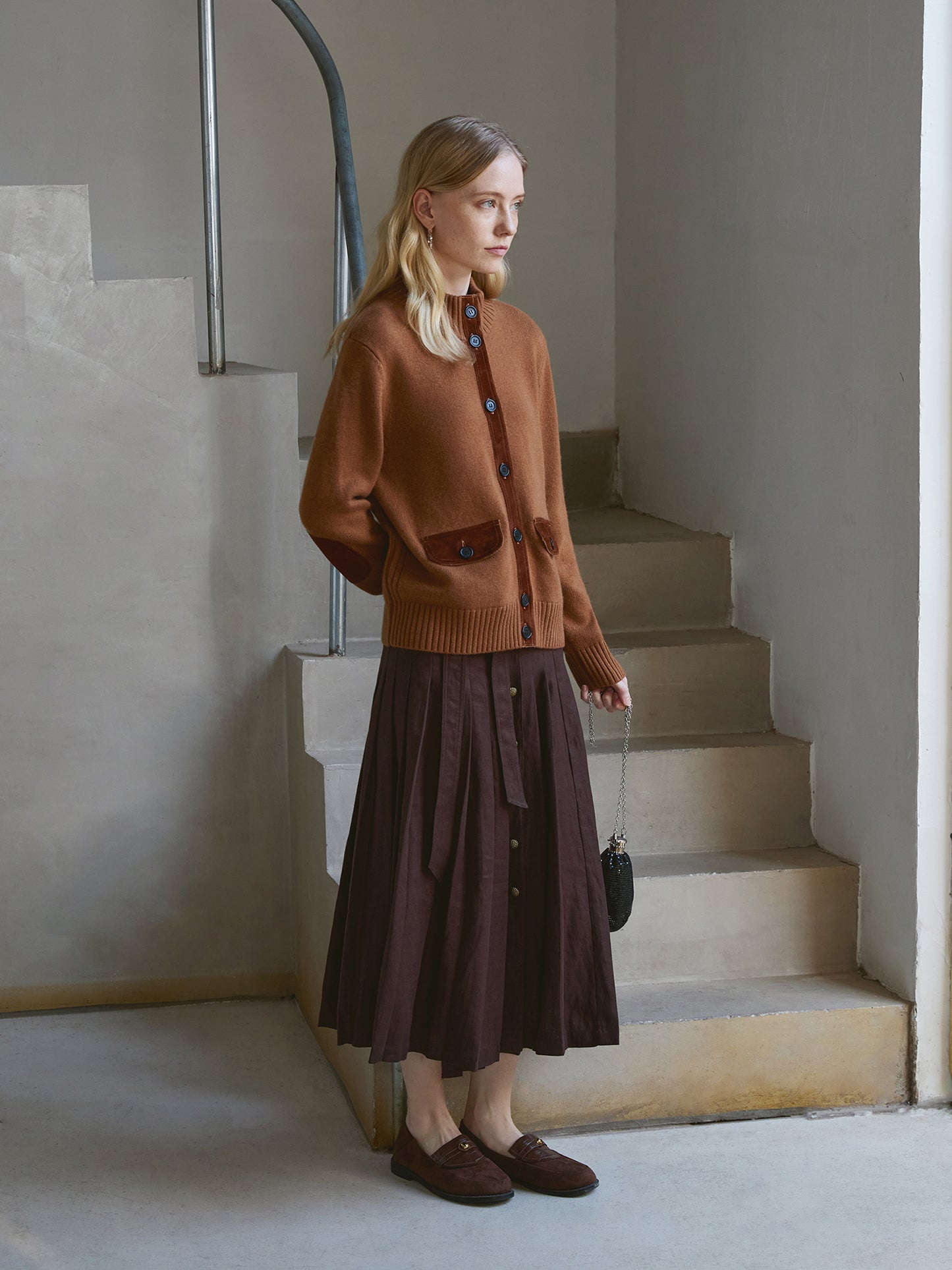 Women’s Wool-Cashmere Cardigan with Suede-Trim Stand Collar – Smoky Chestnut, Patch Pocket, Button Front Knit V020