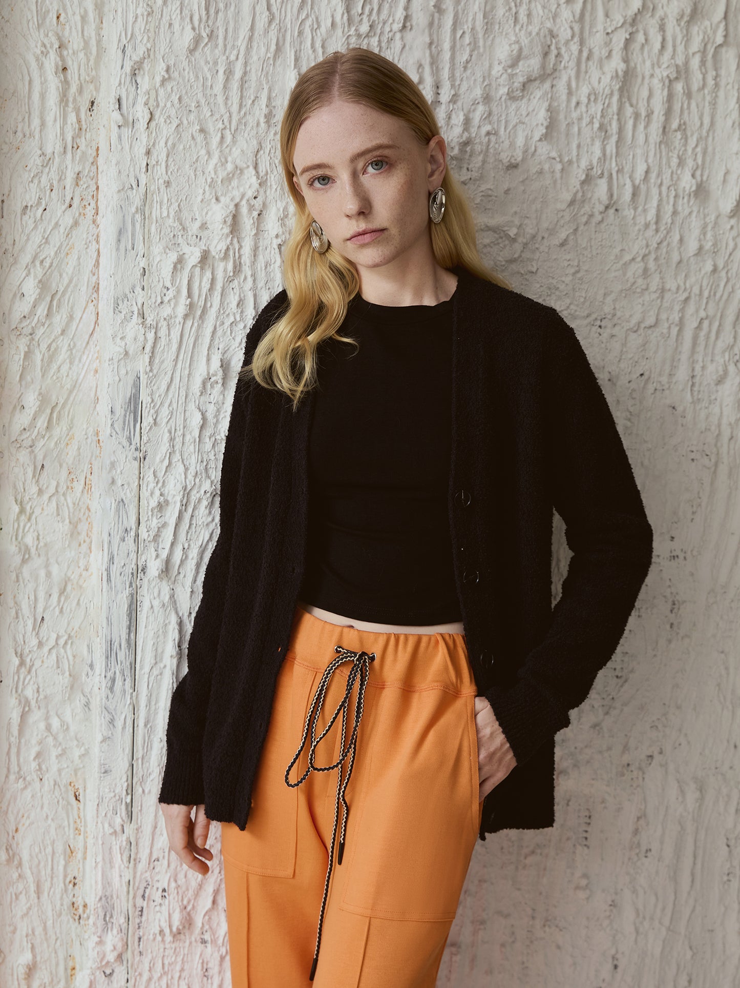 Bouclé Cotton V-Neck Cardigan — Deep Black | 100% Cotton, Cozy Button-Front Knit V023