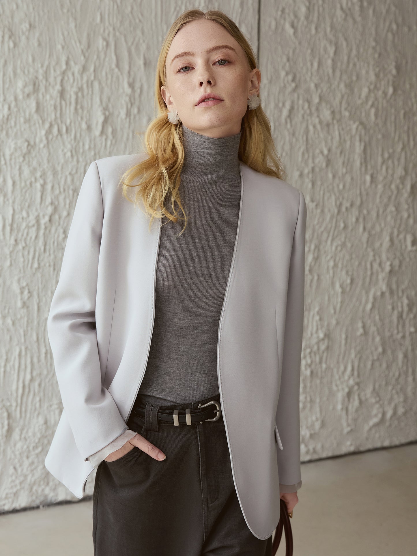 Luxury Silk-Cashmere Blazer – Cutaway Open Front, 100% Silk Facing | Moon-Grey V017