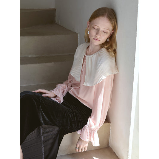 Mist Pink 100% Silk Lace Trim Long Sleeve Blouse V001