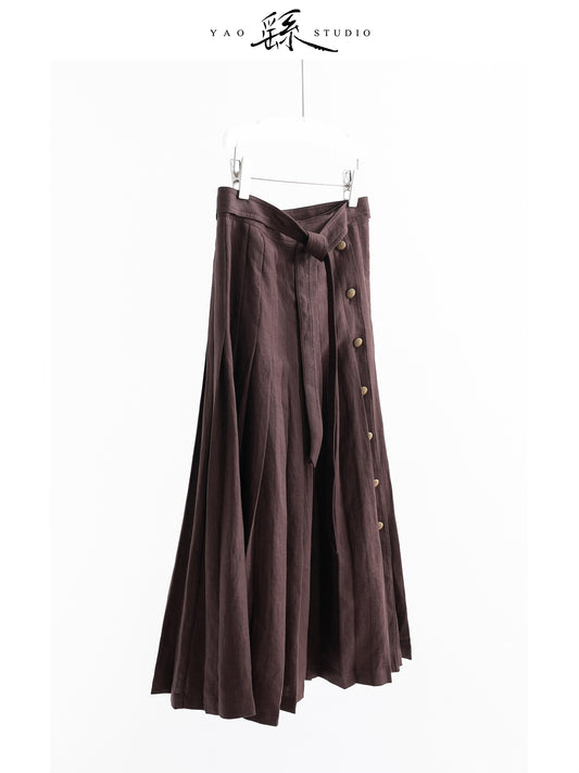 100% Linen Pleated Midi Skirt – High-Waist, Tie-Belt, Button-Front, Caramel Coffee V027