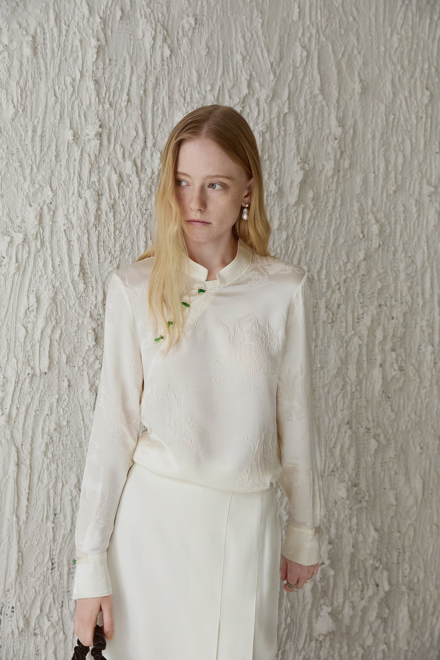 Ivory White 100% Silk Jacquard Blouse with Mandarin Collar & Knot Buttons V003