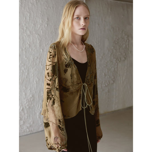 Sheer Silk Embroidered Tie Blouse V006