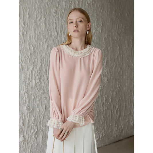 Mist Pink 100% Silk Lace Trim Long Sleeve Blouse V002