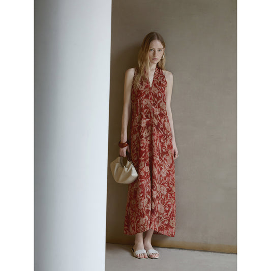 Silk Floral Halter Maxi Dress V009