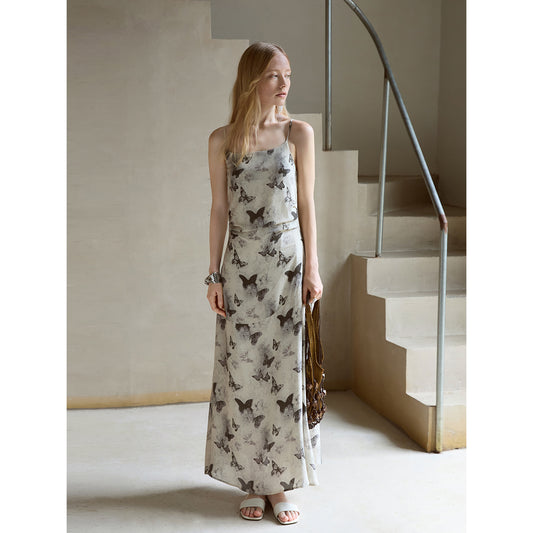 Silk Butterfly Print Slip Dress V007