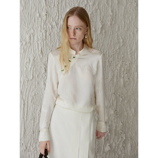 Ivory White 100% Silk Jacquard Blouse with Mandarin Collar & Knot Buttons V003