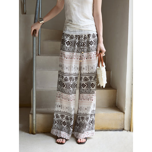 Silk Geometric Print Wide-Leg Pants V010