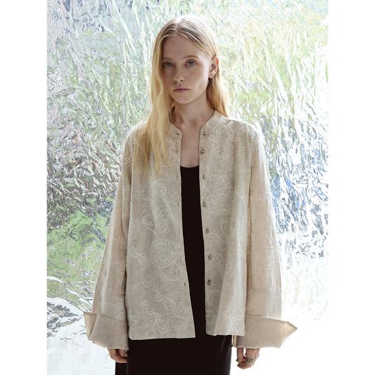 Linen-Cotton Jacquard Mandarin Collar Jacket V005