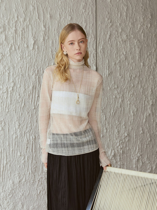 Lightweight See-Through High-Neck Tee – Breathable Viscose Blend, Everyday Layering V015