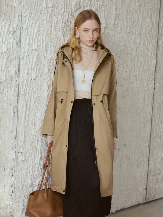 Water-Repellent Hooded Trench Coat — Fog-Sand Beige, Cotton-Stretch, Drawcord Waist (Mid-Length) V031