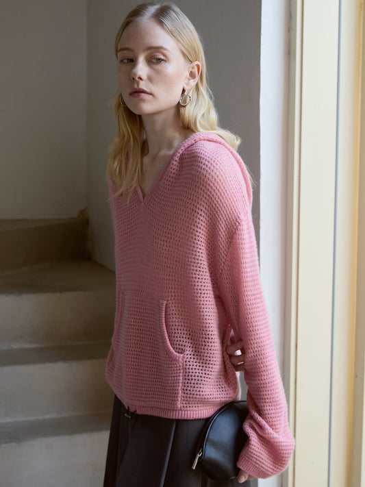 100% Cashmere Waffle-Knit Hooded Sweater – Cherry Blossom Pink, Relaxe V021d Slouch, Drawcord Hem V021