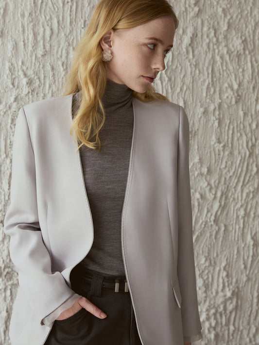 Luxury Silk-Cashmere Blazer – Cutaway Open Front, 100% Silk Facing | Moon-Grey V017