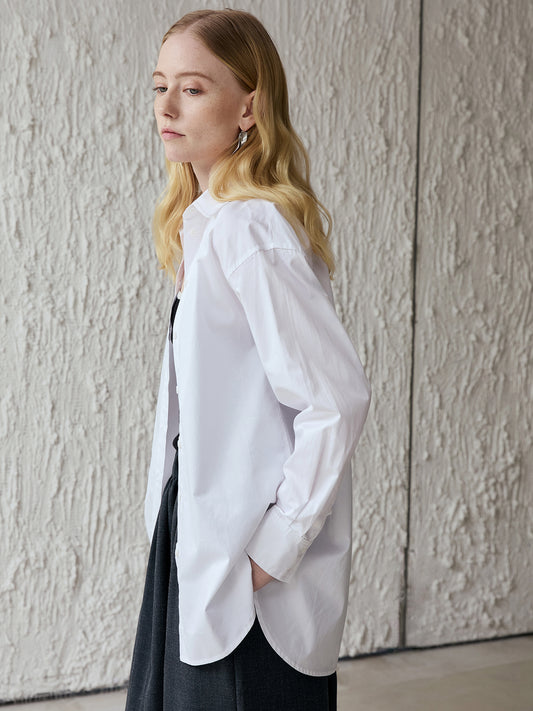 Cotton Oversized Shirt — Long-Point Collar, Curved Hi-Low Hem, Bright White V028