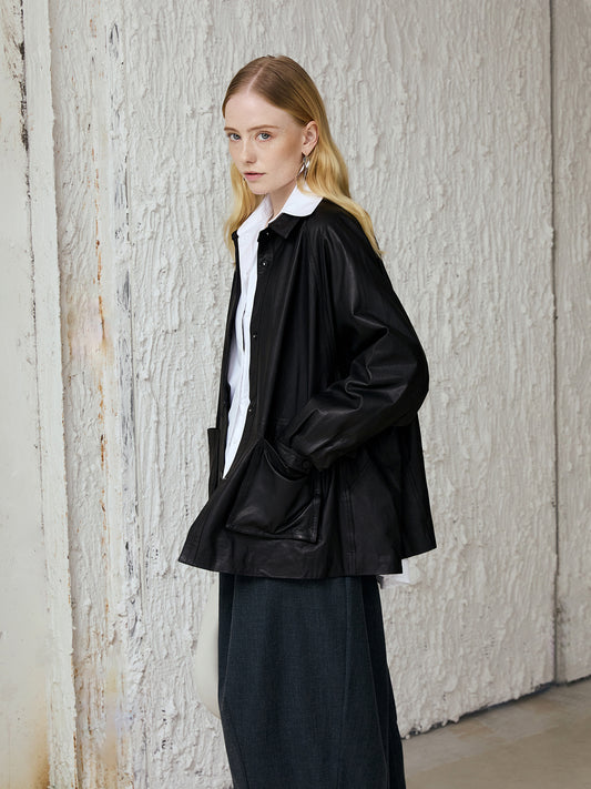 Women’s Oversized Lambskin Leather Jacket — Plant-Tanned, Snap Front, Patch Pockets (Ink Black) V022
