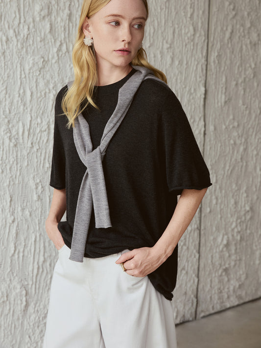 Wool-Blend Boxy Knit Tee – Drop Shoulder, Half Sleeve | Mist Grey V016