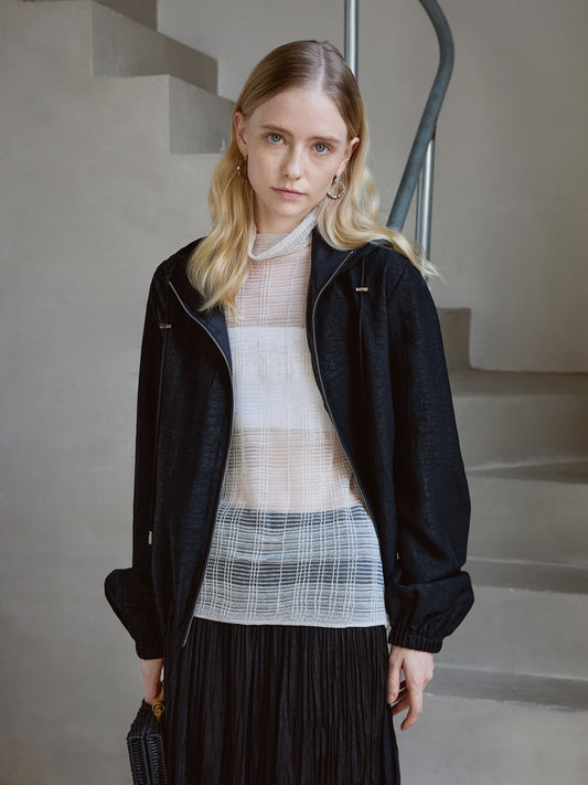 Silk Hooded Jacket — 100% Mulberry Silk, Zip-Up, Smoky Black V024