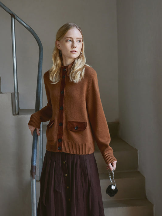 Women’s Wool-Cashmere Cardigan with Suede-Trim Stand Collar – Smoky Chestnut, Patch Pocket, Button Front Knit V020
