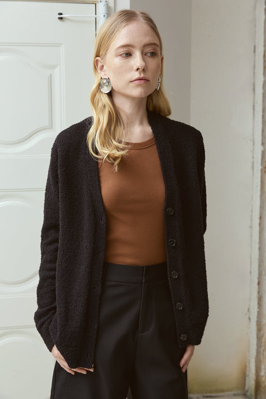 Bouclé Cotton V-Neck Cardigan — Deep Black | 100% Cotton, Cozy Button-Front Knit V023