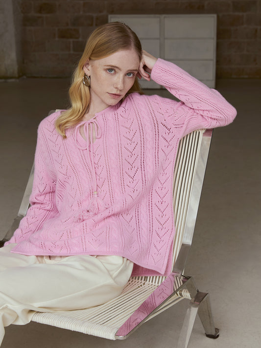 100% Lambswool Pointelle Cable-Knit Sweater – Soft Blush Pink, Relaxed Crewneck Jumper V019