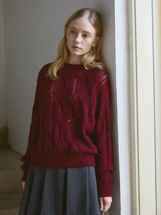 Cashmere–Silk Chunky Cable Jumper – Slouchy Vintage Texture, Wine Red V018