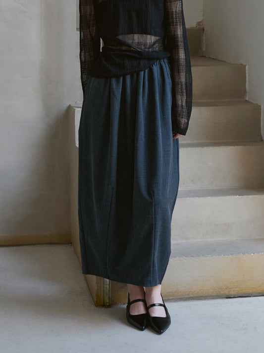 Wool-Blend Balloon Midi Skirt – Elastic Waist, Cocoon Silhouette | Deep Charcoal V014