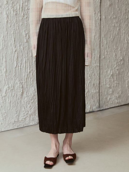 Crinkle Pleated Midi Skirt – High-Waist, Double-Layer, Paper-Crush Texture, Night Black V026