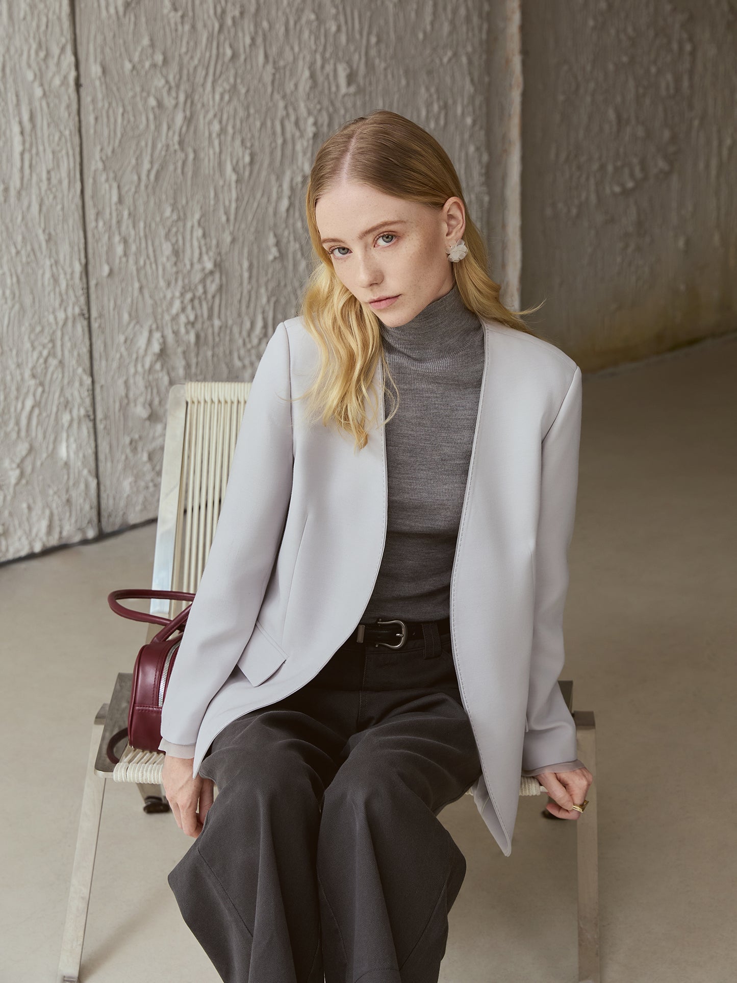 Luxury Silk-Cashmere Blazer – Cutaway Open Front, 100% Silk Facing | Moon-Grey V017