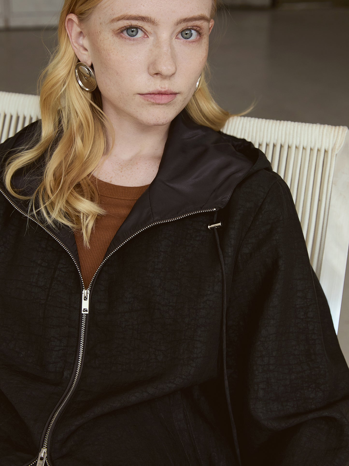 Silk Hooded Jacket — 100% Mulberry Silk, Zip-Up, Smoky Black V024