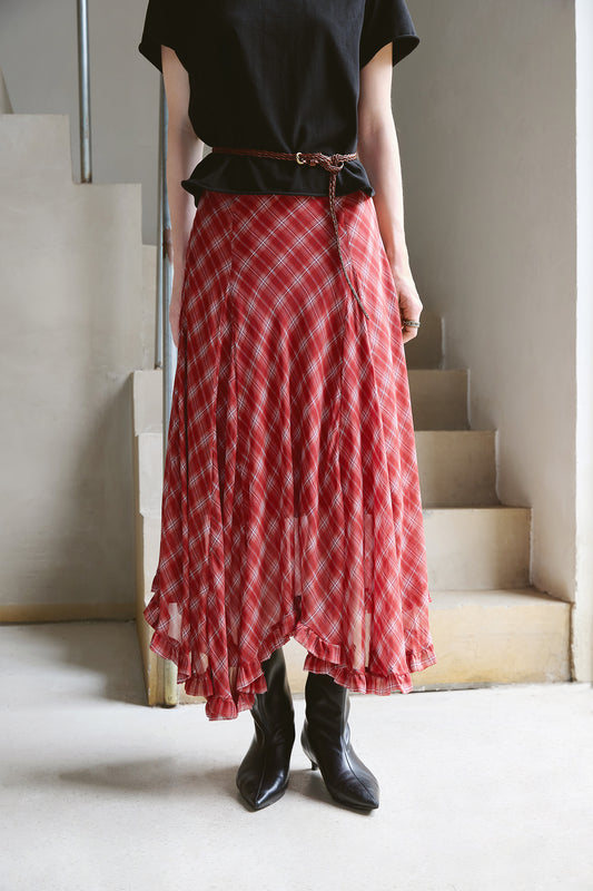 Silk Plaid Bias-Cut Ruffle Midi Skirt V011